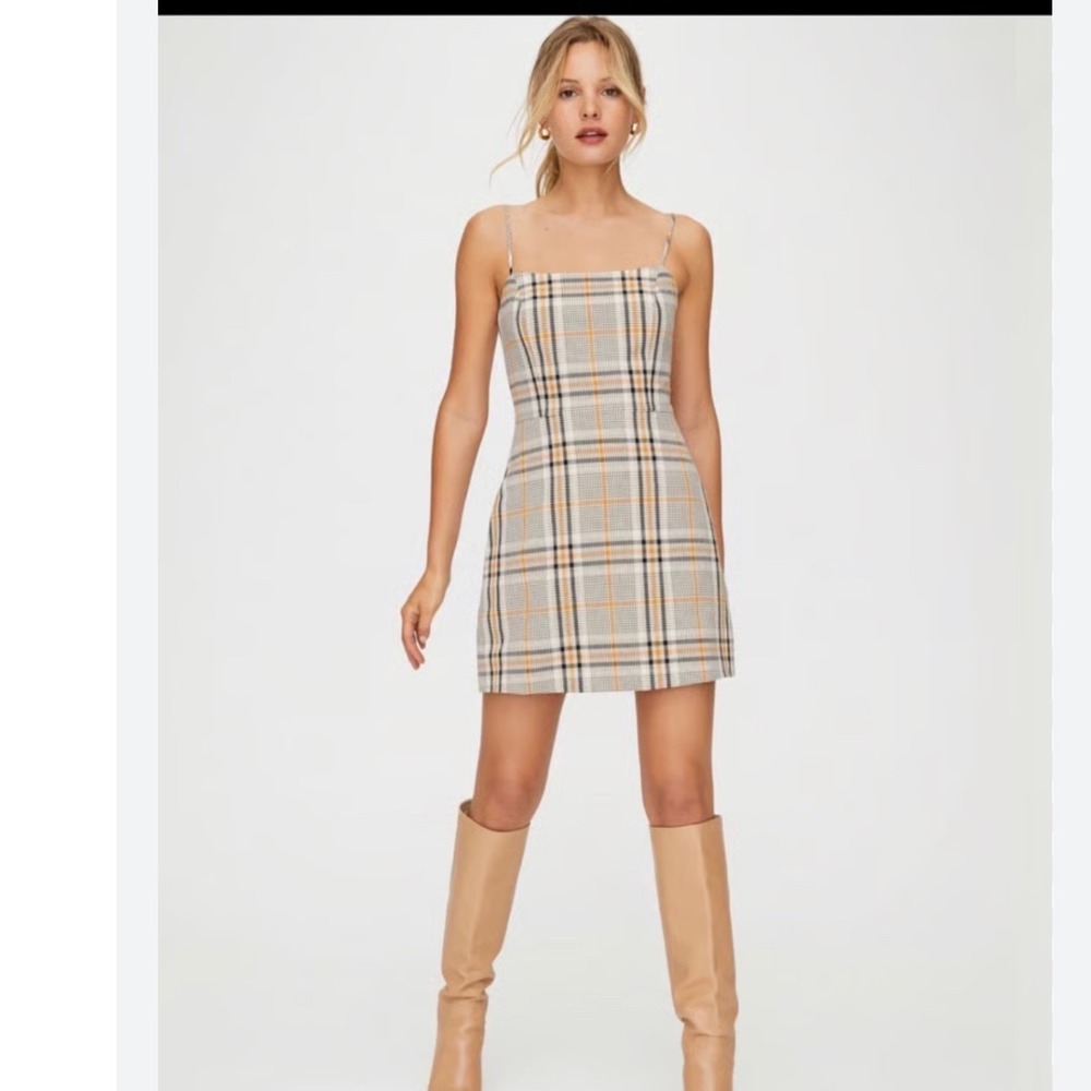 Wilfred Aritzia Isabelle Plaid Mini Dress Tan Black Yellow Size 8 Square Neck - Picture 2 of 8